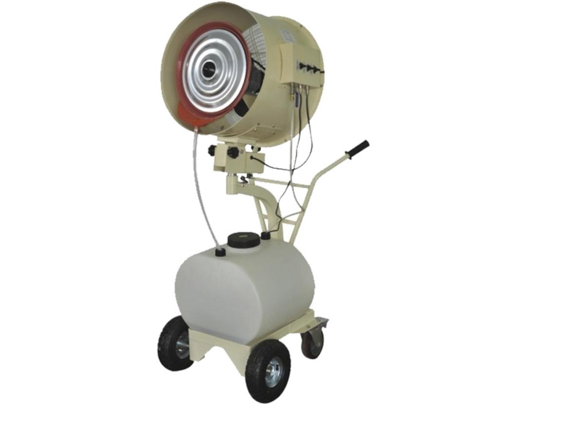Quạt phun sương công nghiệp Mitsuta HW 20MC08 làm mát diện rộng, di chuyển linh hoạt nhờ bánh xe và tay đẩy.