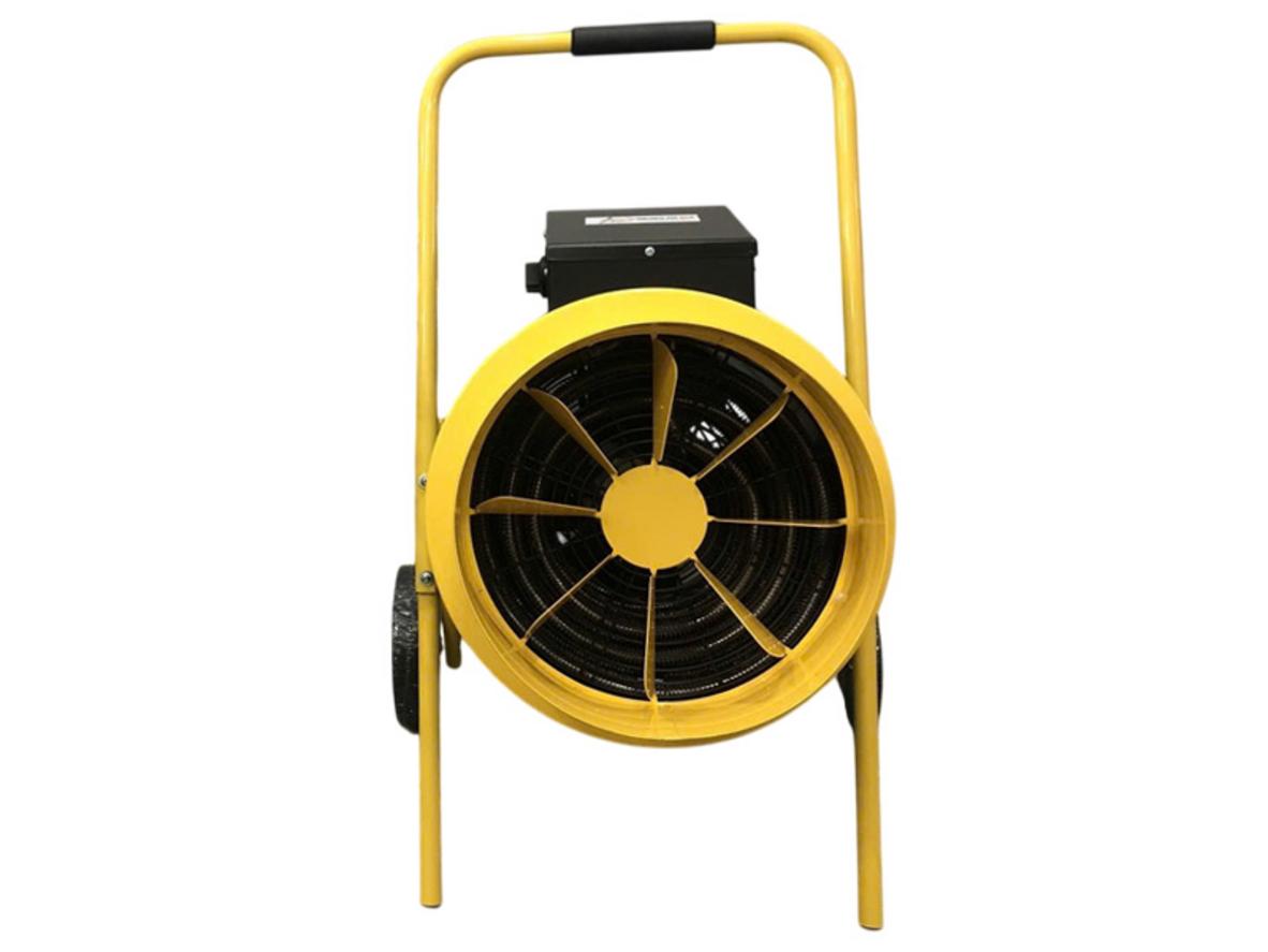 Quạt sấy gió nóng Mitsuta EC15 nổi bật với công suất 15.000W và thiết kế có bánh xe di chuyển.