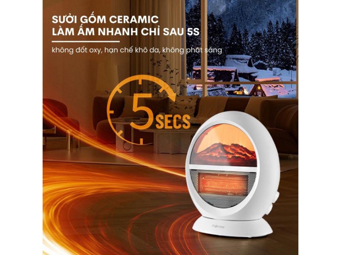 Quạt sưởi để bàn Fujihome FH09 nhỏ gọn, ấm nhanh và có hiệu ứng lửa trang trí.