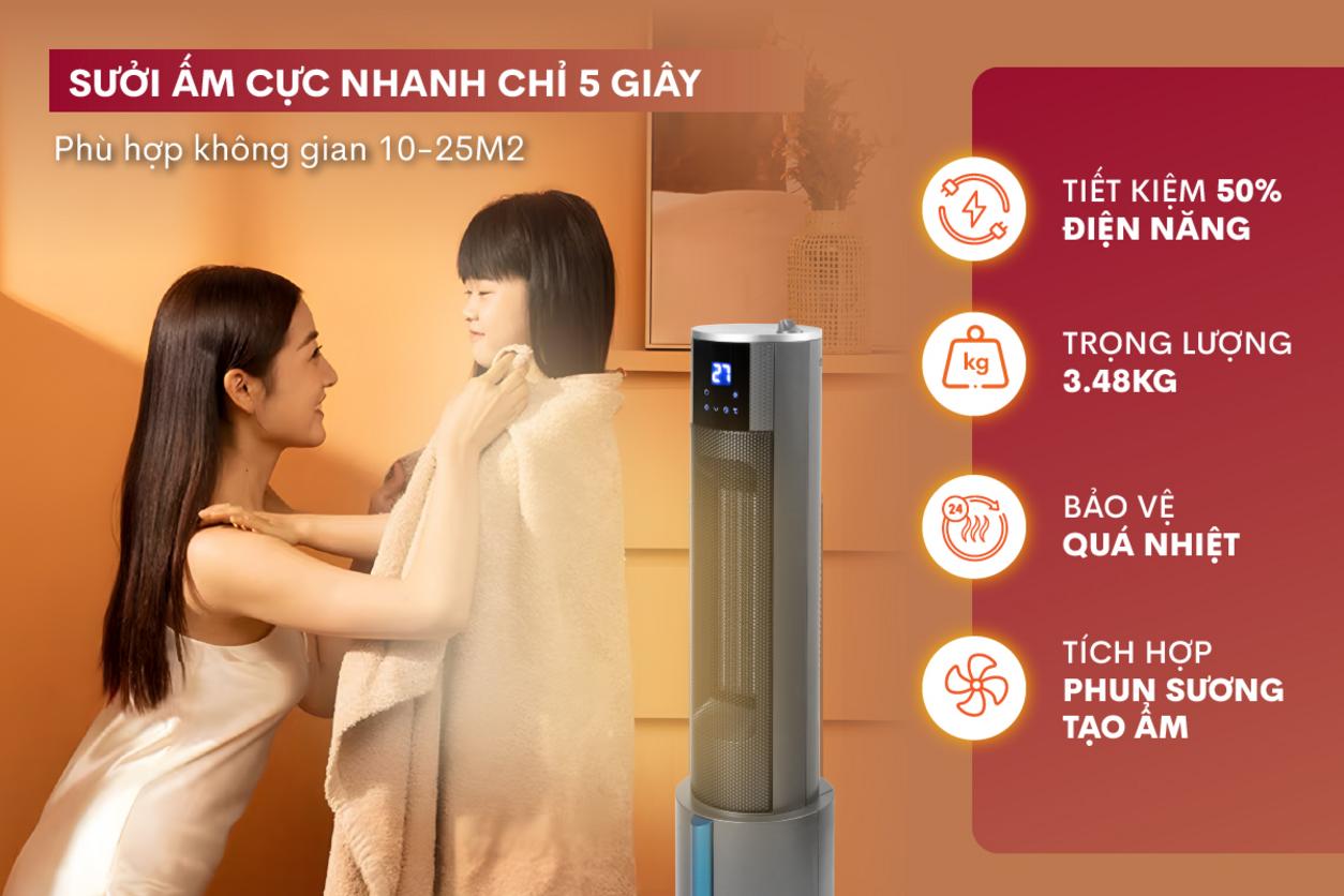 FujiHome FH6000 kết hợp sưởi ấm và tạo ẩm, phù hợp không gian gia đình mùa lạnh.