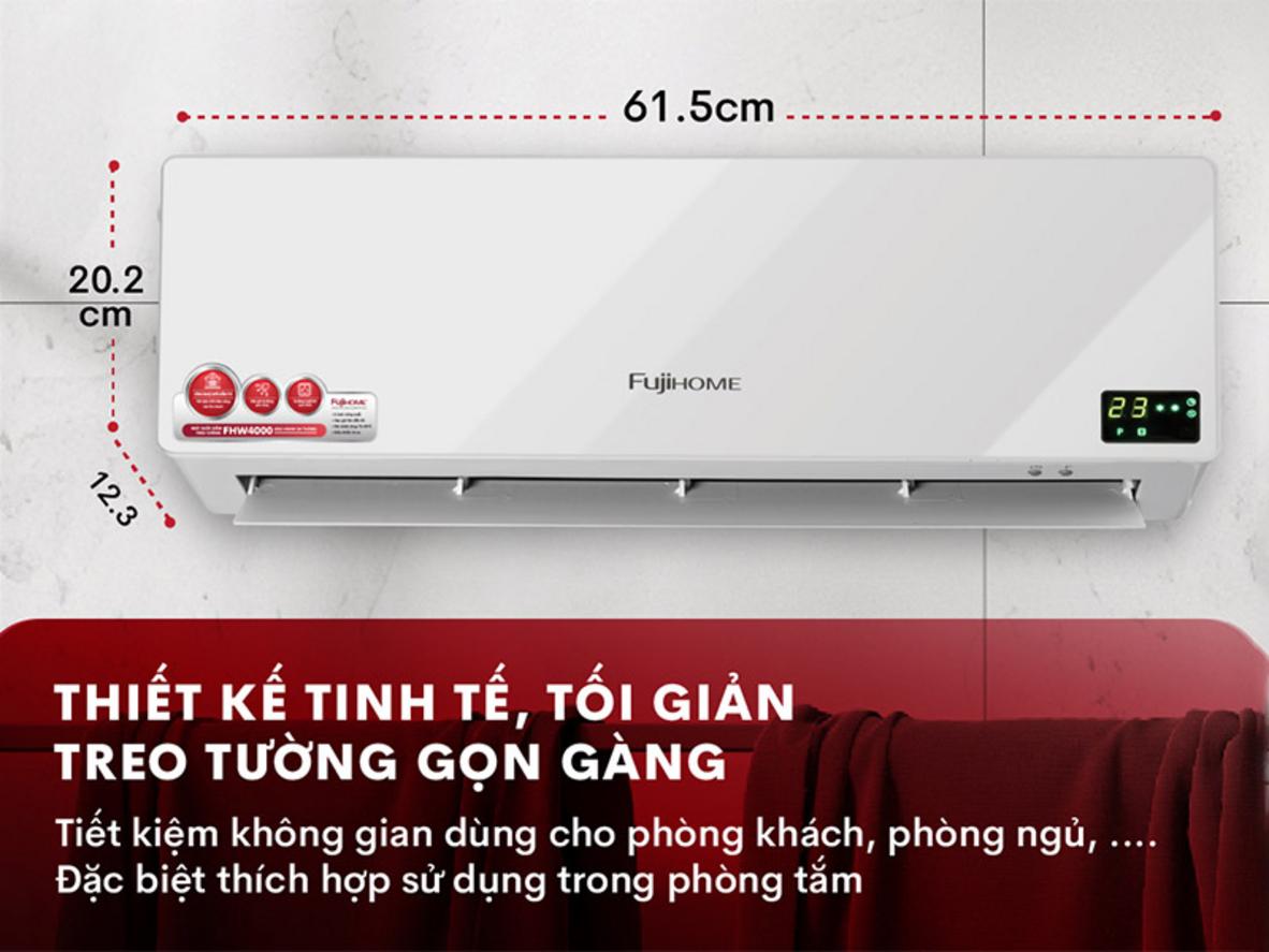 Quạt sưởi treo tường Fujihome FHW4000 treo gọn trên tường, làm ấm nhanh cho không gian nhỏ.