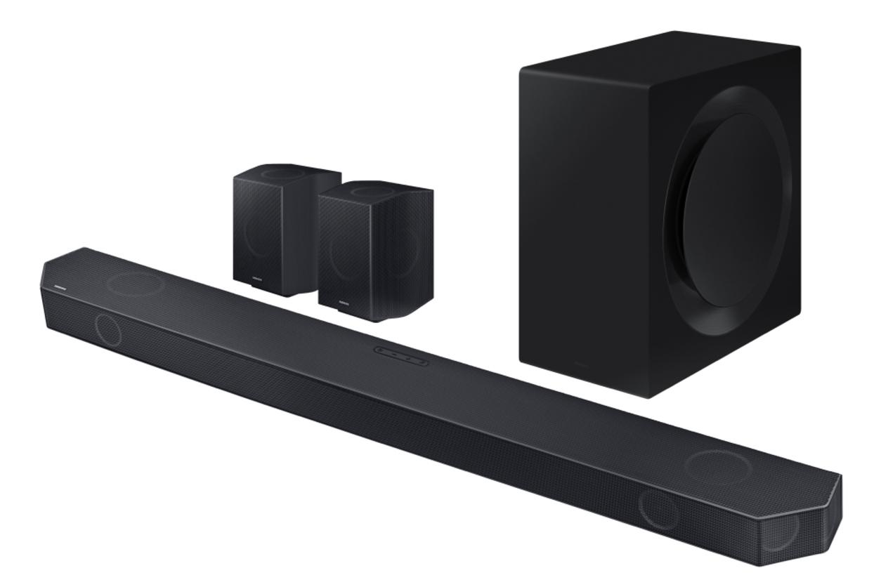 Samsung HW-Q990C/XV cho trải nghiệm âm thanh vòm 11.1.4 kênh mạnh mẽ, đặc biệt hợp TV Samsung.
