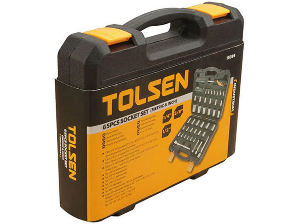 Bộ 65 món Tolsen 15395 tích hợp cả hệ mét và hệ inch, sắp xếp gọn trong hộp.