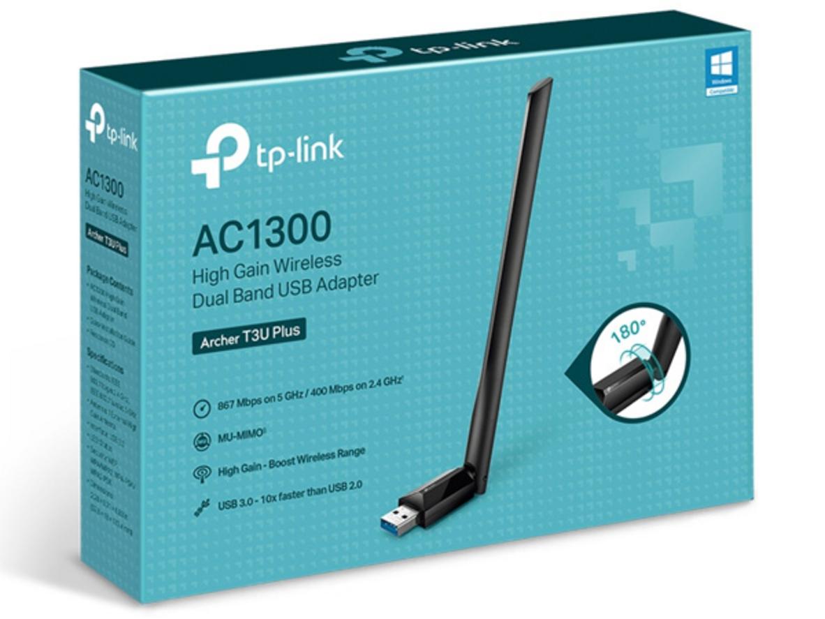Cận cảnh TP-Link Archer T3U Plus với ăng-ten 5dBi và thiết kế USB 3.0.
