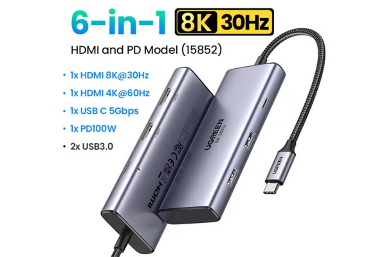Cấu hình 6 trong 1 của Ugreen 15852 giúp biến laptop USB-C thành trung tâm kết nối đa năng.