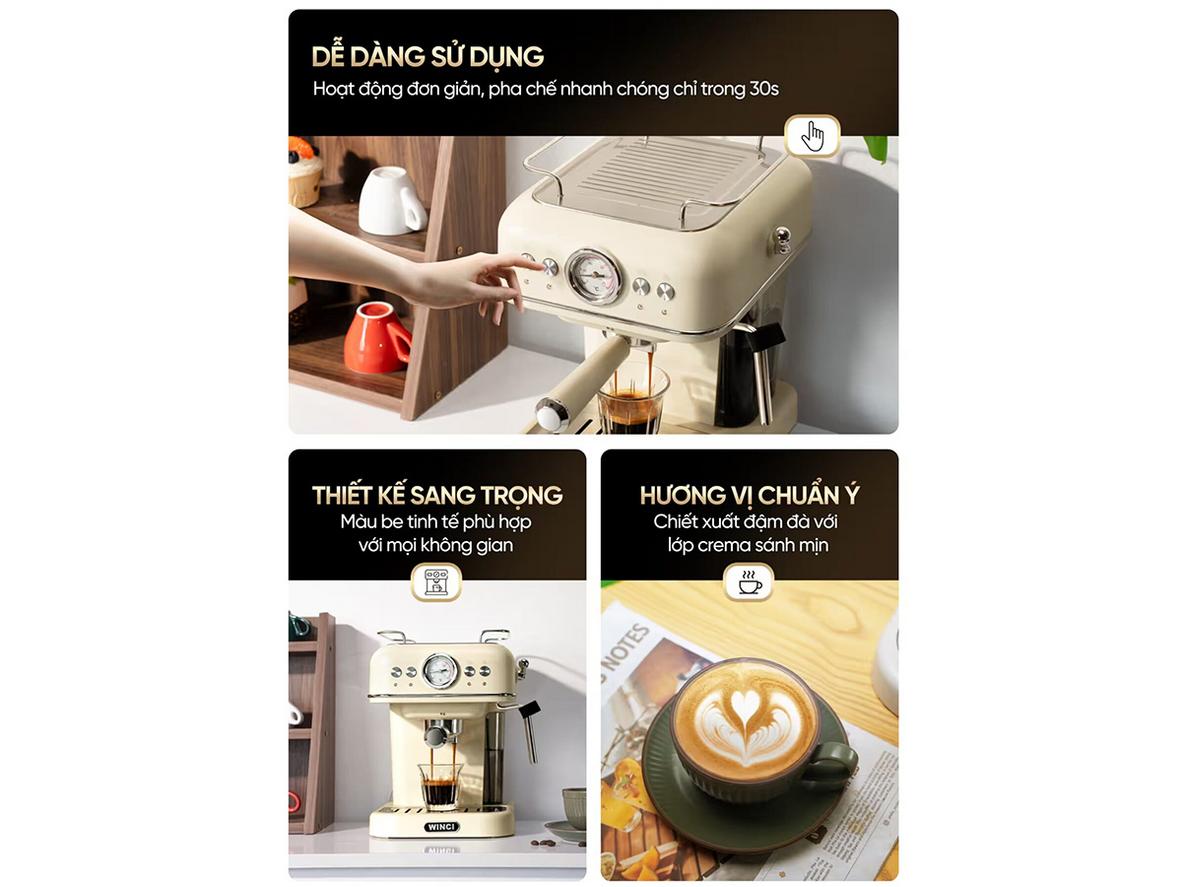 Cấu hình gọn nhẹ, dễ vận hành cho nhu cầu pha espresso tại nhà hoặc văn phòng nhỏ.