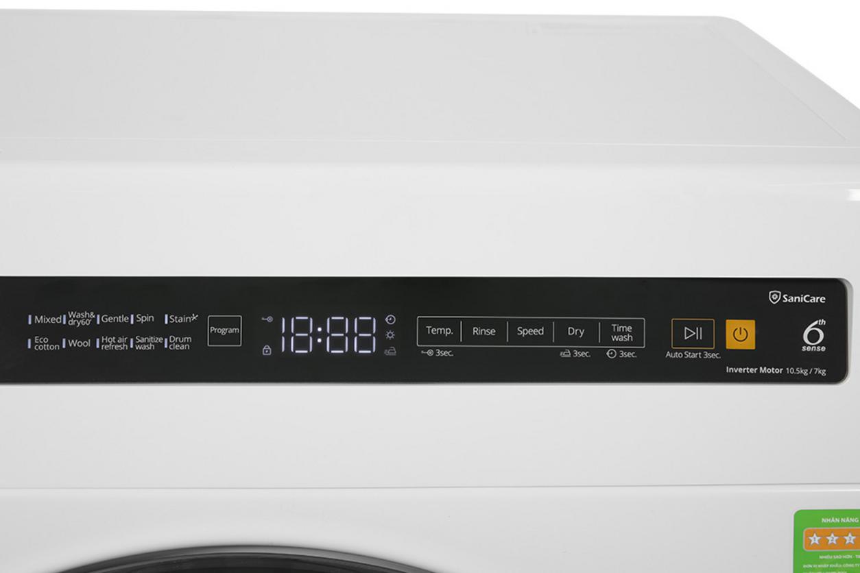Dung lượng giặt 10.5 kg và sấy 7 kg đáp ứng nhu cầu gia đình đông người.
