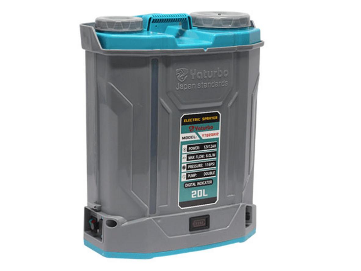 Bình 20 lít và ắc quy 12V/12Ah hỗ trợ làm việc lâu hơn.