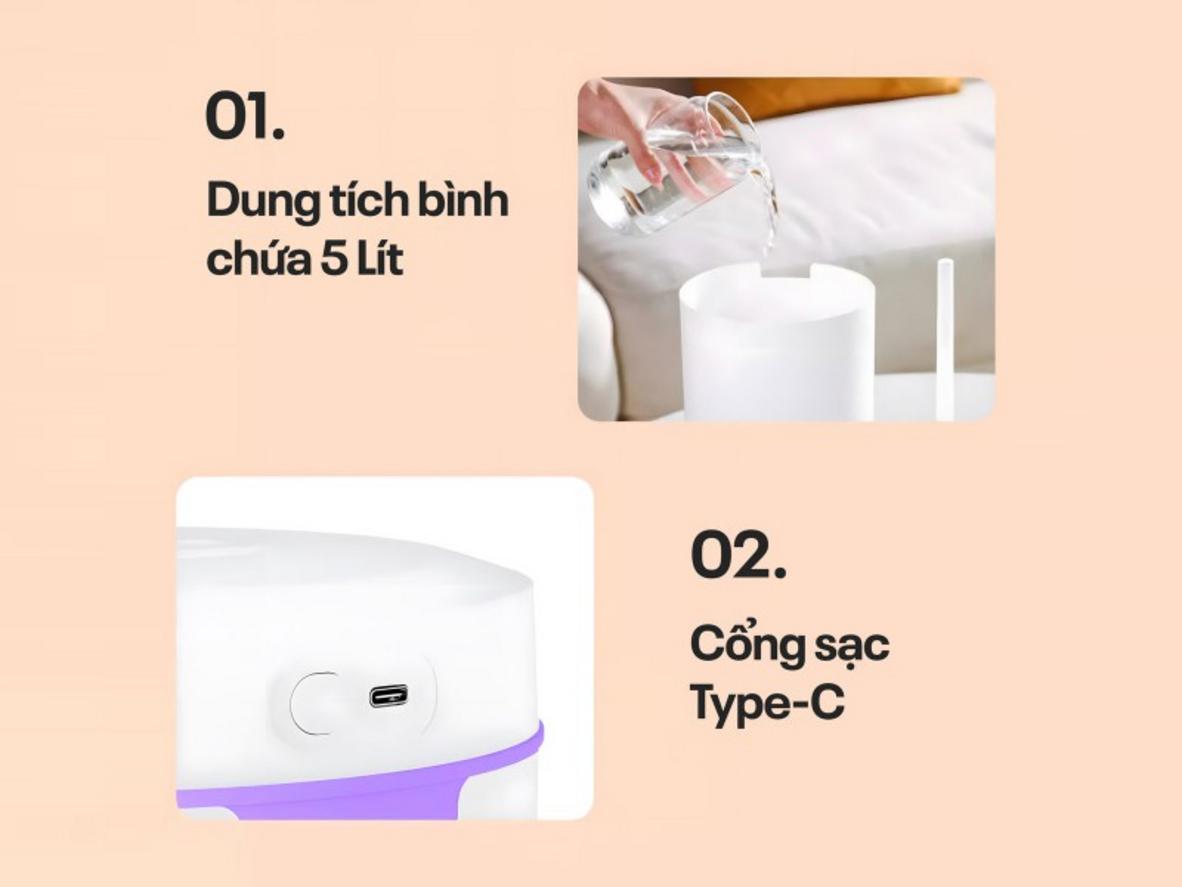 2 vòi phun kép giúp hơi ẩm tỏa đều hơn trong phòng.