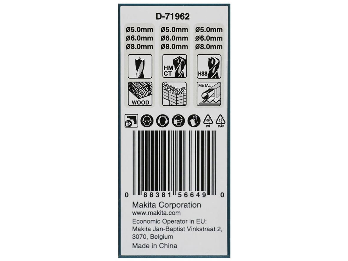 3 nhóm mũi khoan của Makita D-71962 được phân loại rõ theo từng vật liệu.
