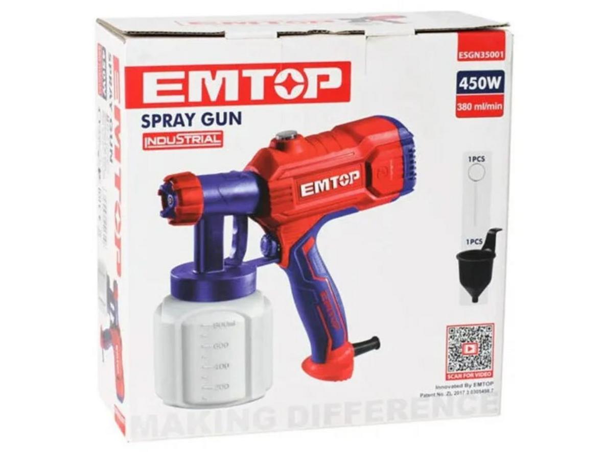 Công suất 450W giúp máy phun sơn Emtop ESGN35001 duy trì tia phun ổn định.