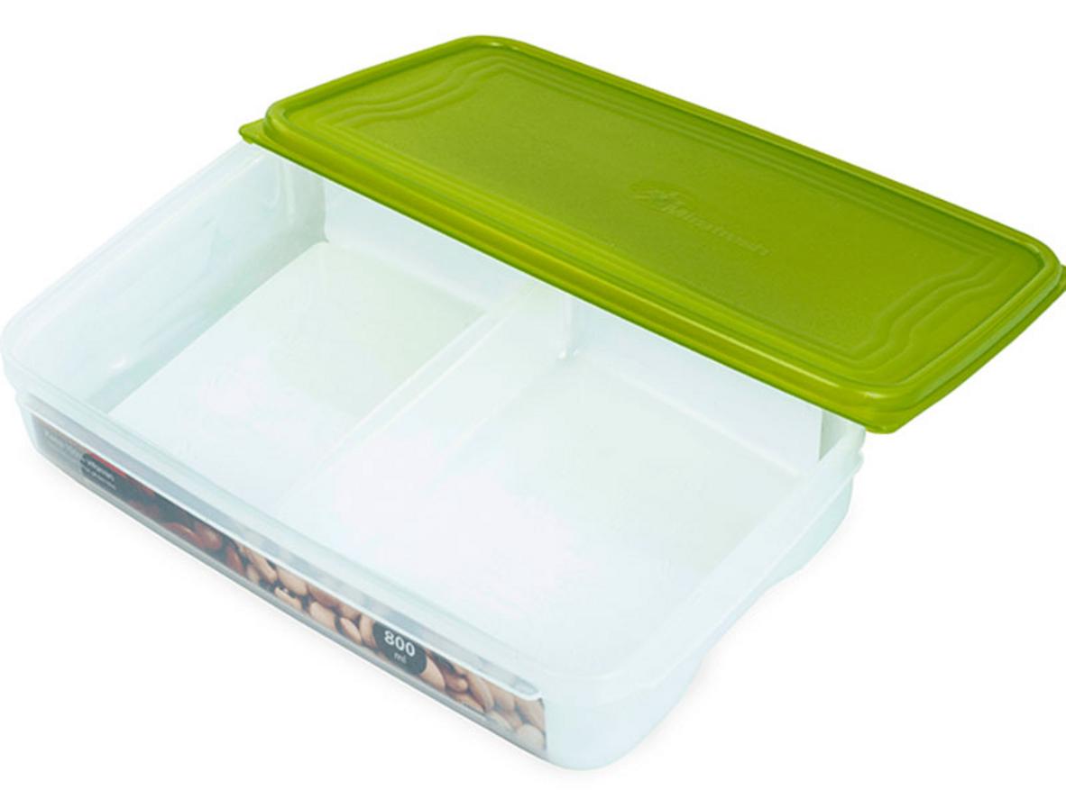 Cận cảnh chất liệu PP, nắp LLDPE và khay chia 2 ngăn của hộp Biozone KB-DR800P2.