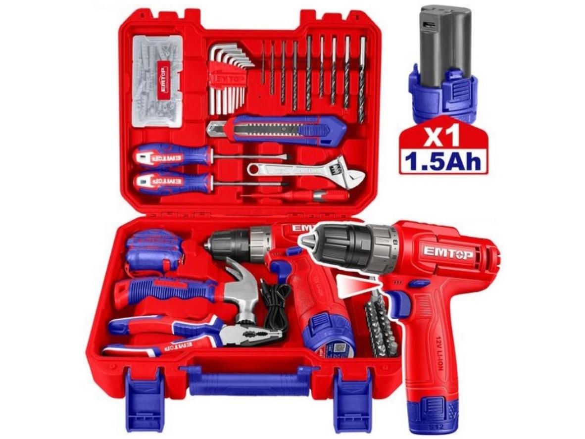 Bộ máy khoan pin kèm 129 món đồ nghề Emtop EEDK12901 với vali nhựa chống va đập và phụ kiện đầy đủ.
