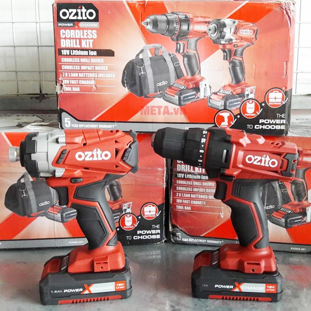 Ozito PXDDK 301 gồm máy khoan 13mm và máy bắt vít 150Nm, phù hợp cho lắp đặt thực tế.