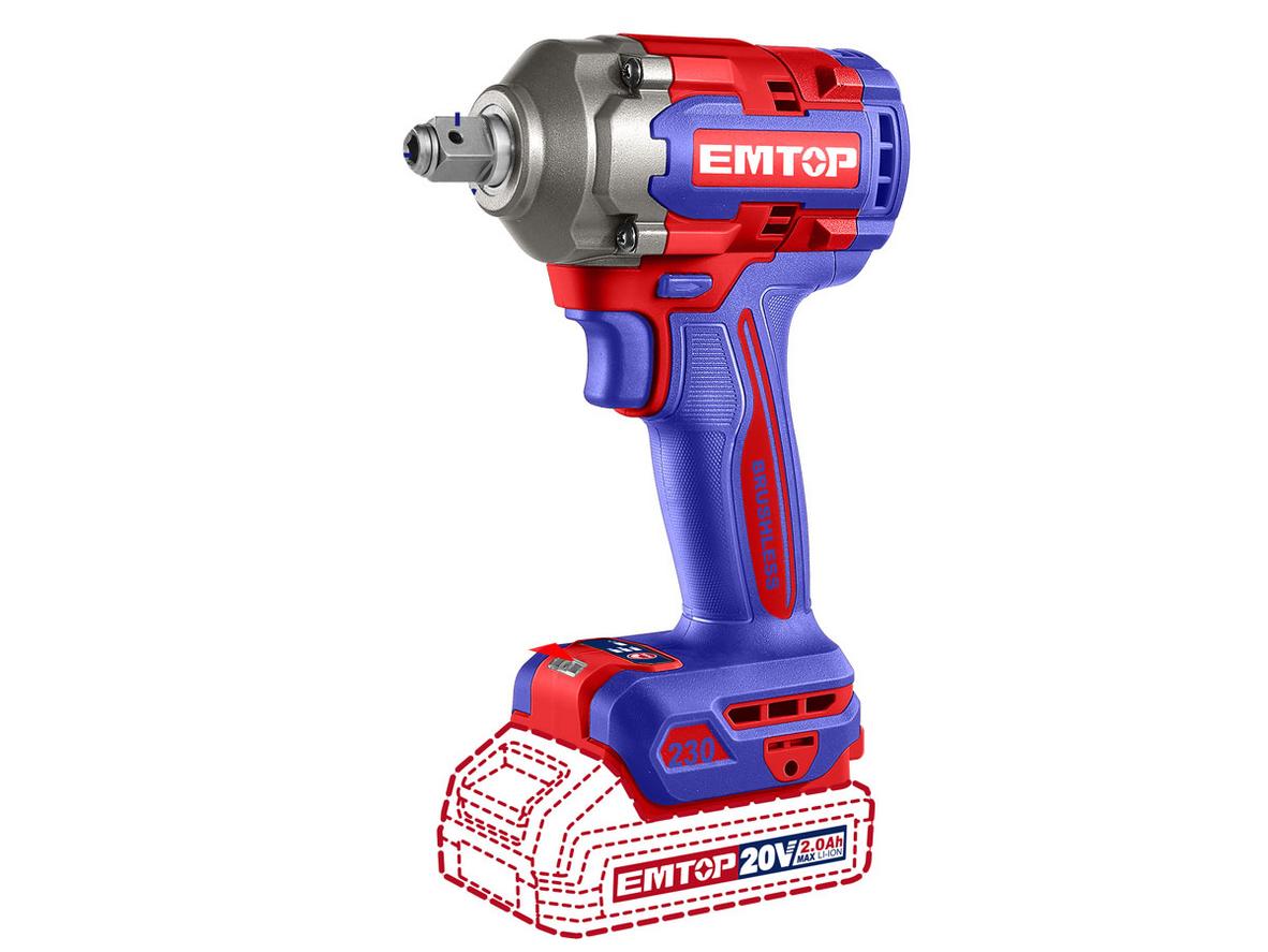 Bộ máy siết bu lông và siết vít Emtop ECIWL20236 trọn bộ 2 pin 2Ah, sẵn sàng dùng ngay.