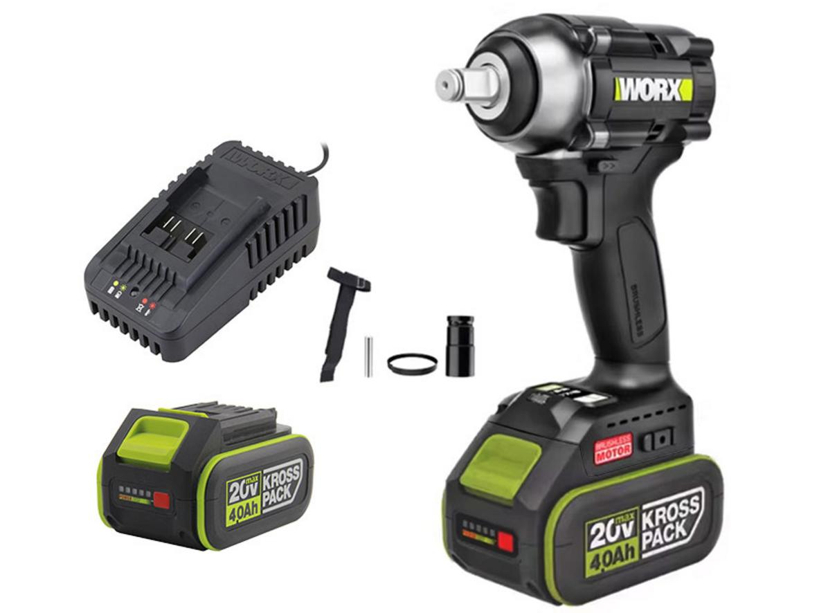 Bộ máy siết bu lông dùng pin 20V Worx WE272 kèm 2 pin 4.0Ah và sạc, sẵn sàng dùng ngay cho gara và thợ cơ khí.