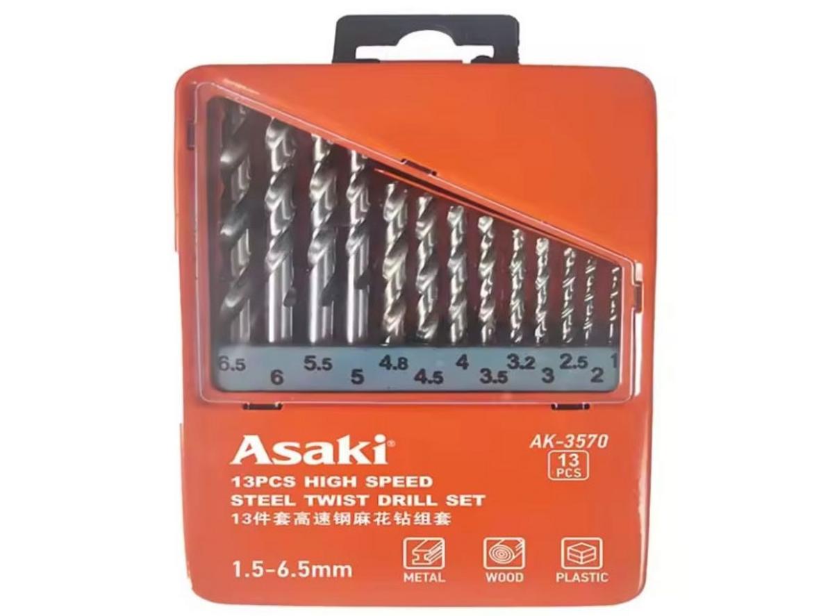 Bộ mũi khoan inox sắt Asaki AK-3570 gồm 13 mũi HSS, dải size 1.5mm - 6.5mm.