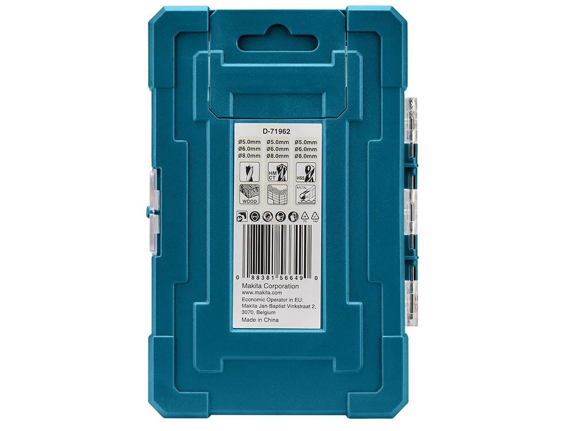 Makita D-71962 chia rõ 3 nhóm mũi cho gỗ, tường và kim loại, dễ chọn đúng mũi khi thi công.