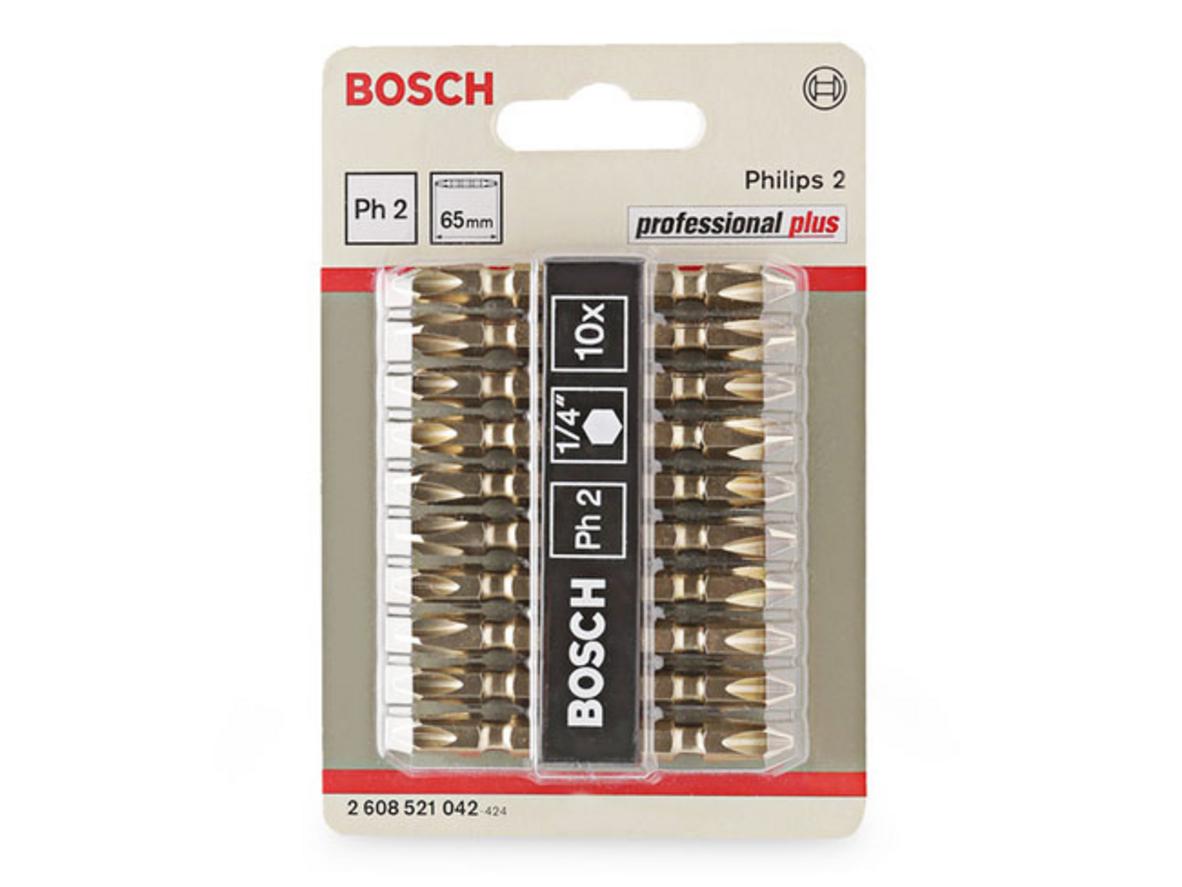 Bộ mũi vặn vít 10 cây Bosch 2608521042 gồm 10 mũi PH2 x 65mm, phù hợp cho máy bắt vít cầm tay.