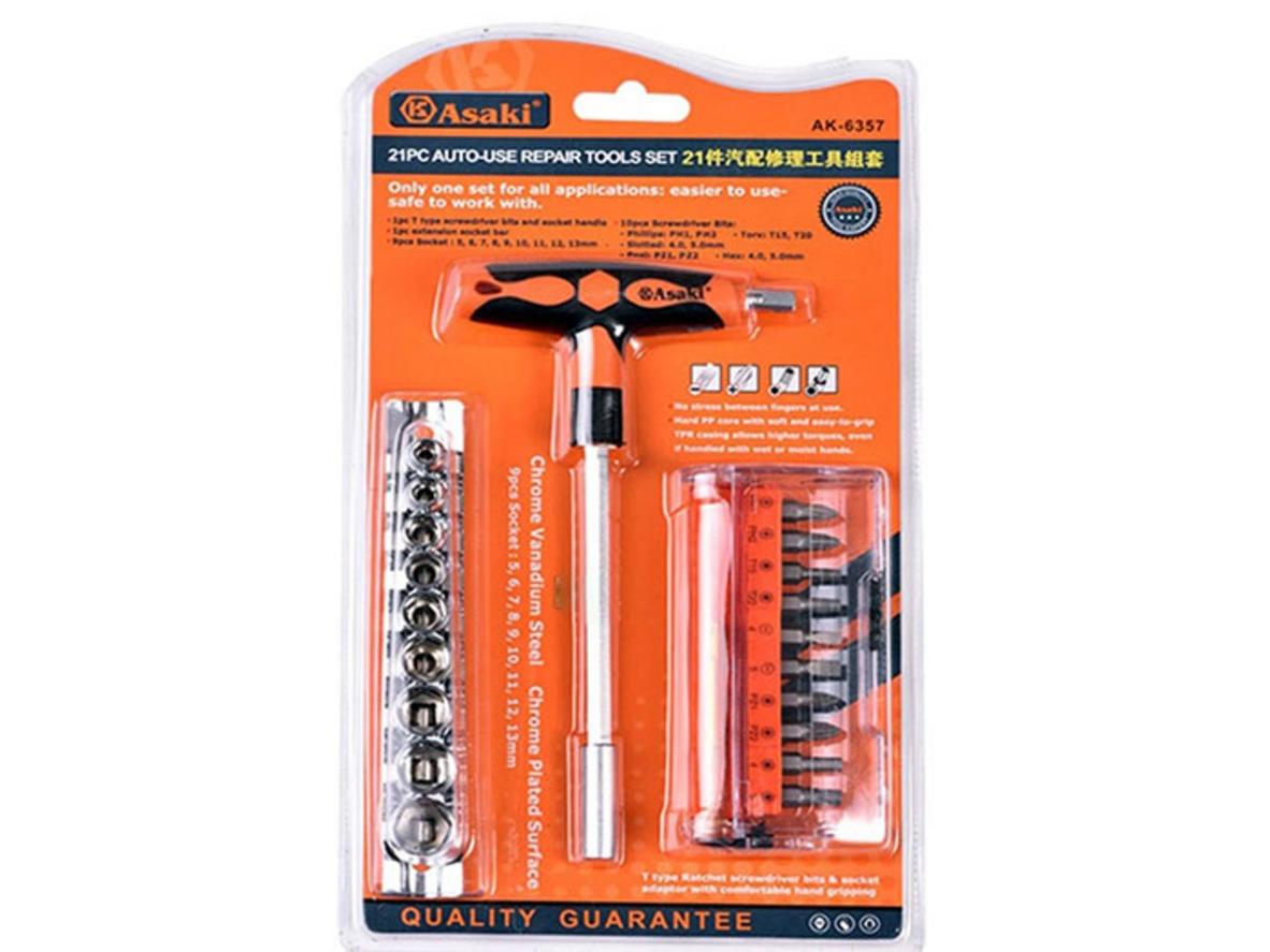 Bộ mũi vít và đầu tuýp Asaki AK-6357 21 chi tiết, gọn gàng và dễ mang theo.