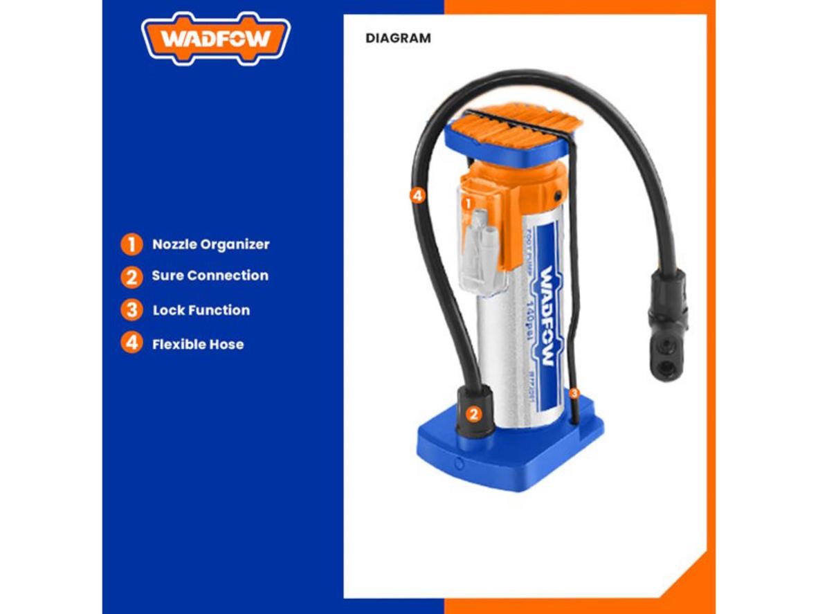 Wadfow WPP2501 có khung thép, bàn đạp chống trượt và đầu bơm đa năng cho nhiều nhu cầu.