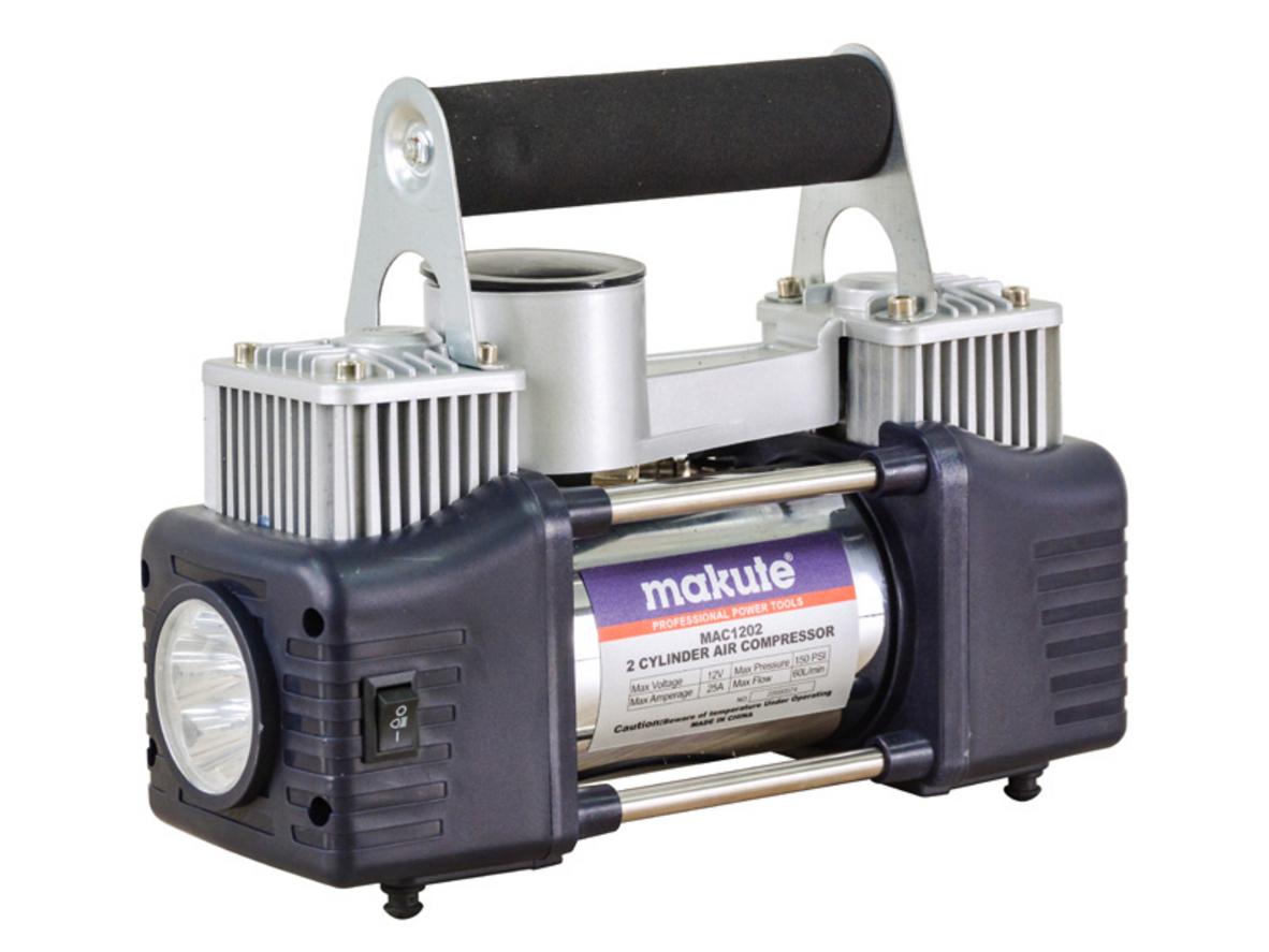 Makute MAC1202 là máy bơm lốp 12V 2 xi lanh nhỏ gọn, phù hợp để để trong cốp xe.