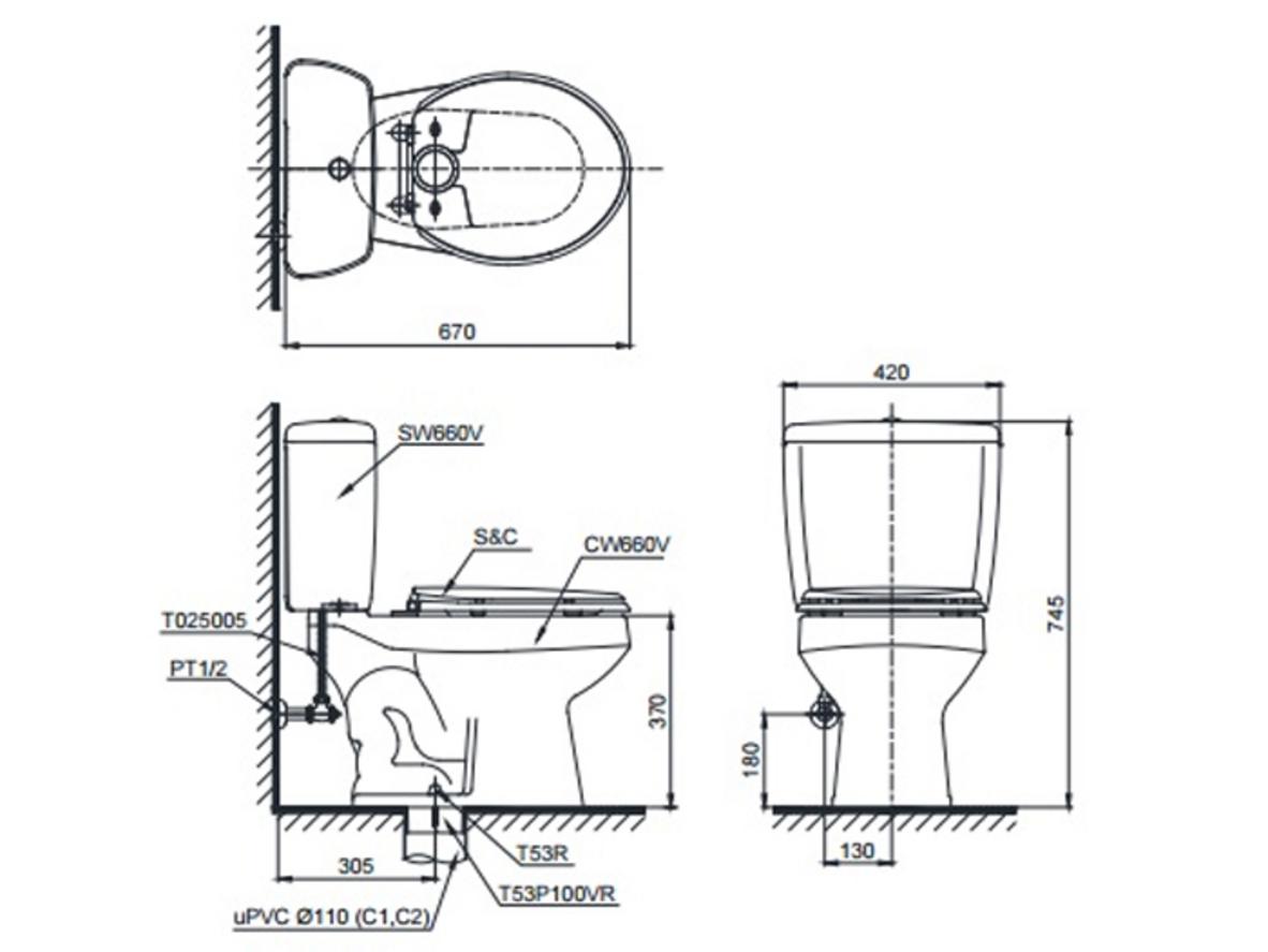 TOTO CS660DT1Y1 có tâm xả 305mm, xả 6L/3L và vận hành ổn định trong dải áp lực nước phổ biến.
