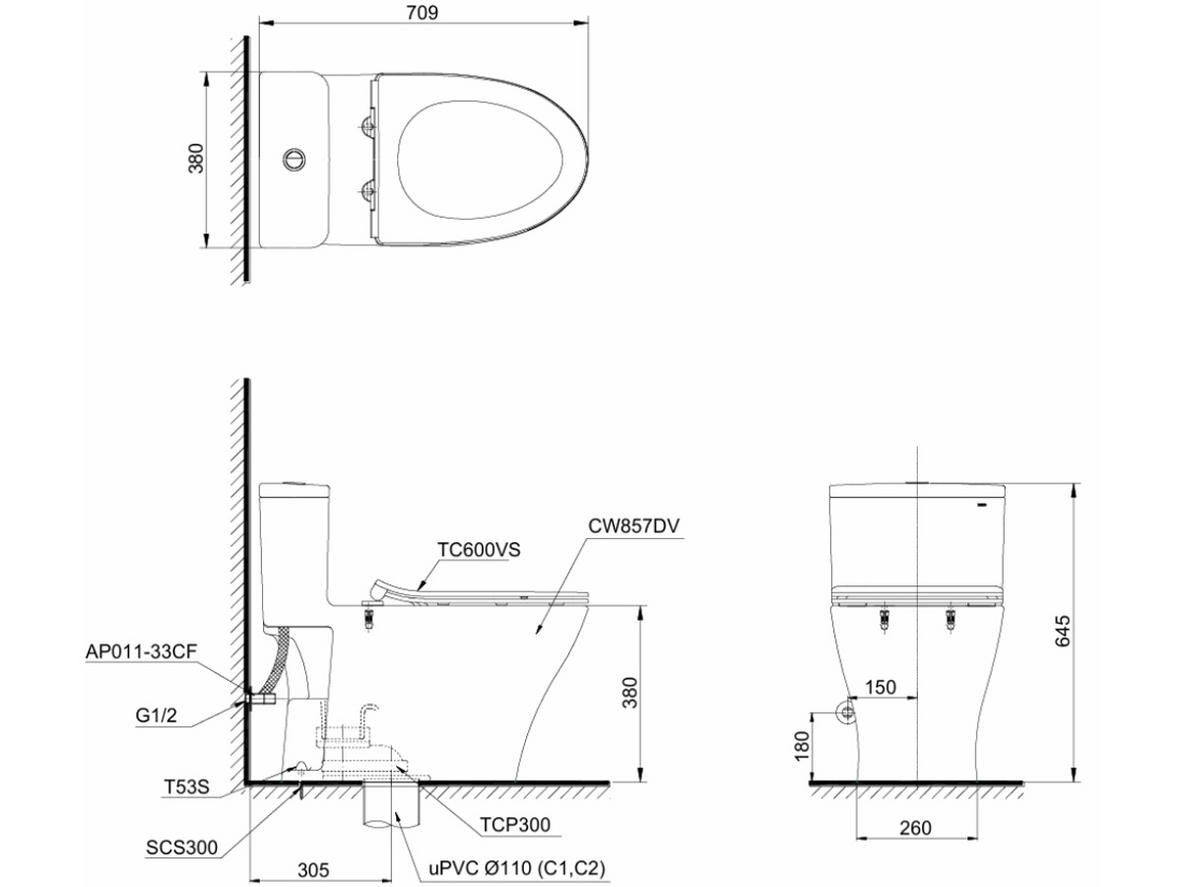 Thông số và cấu tạo của bồn cầu TOTO MS857DE4 nắp cơ Ecowasher TCW1211A.