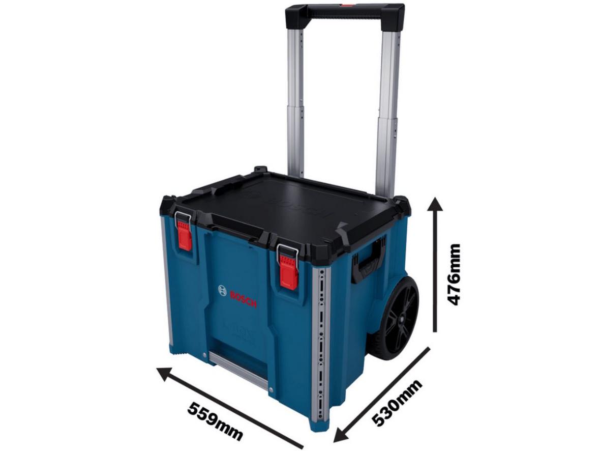 Thông số chính của Bosch L-BOXX Contractor 476: 559 x 530 x 476 mm, tải trọng 113 kg, bánh xe 241 mm.