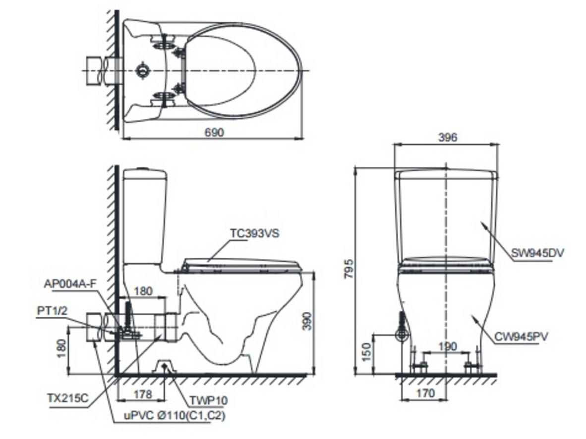 TOTO CS945PDT2 với thân cầu C945P, két nước S945D và nắp TC393VS