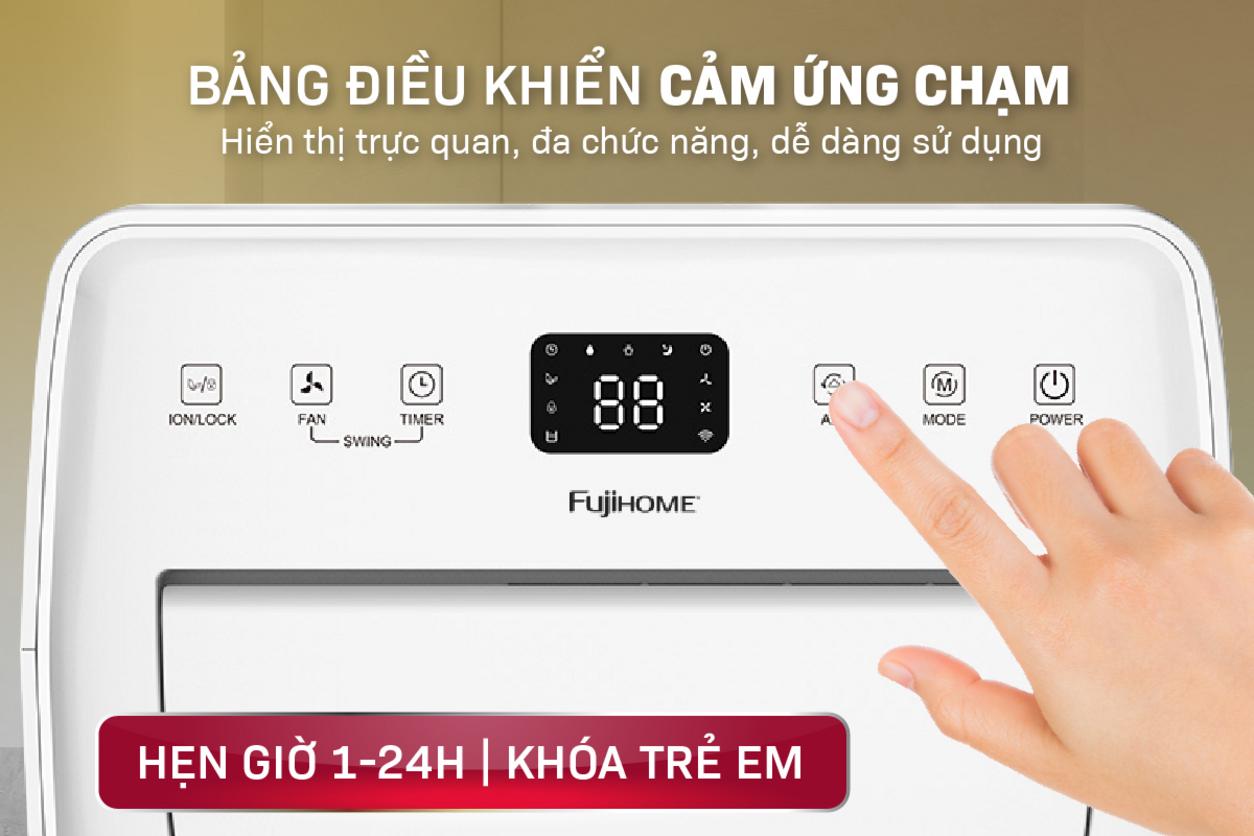 Thông số kỹ thuật nổi bật của Fujihome DH18W: 18 lít/ngày, 20–30m², cảm ứng và Wi‑Fi.