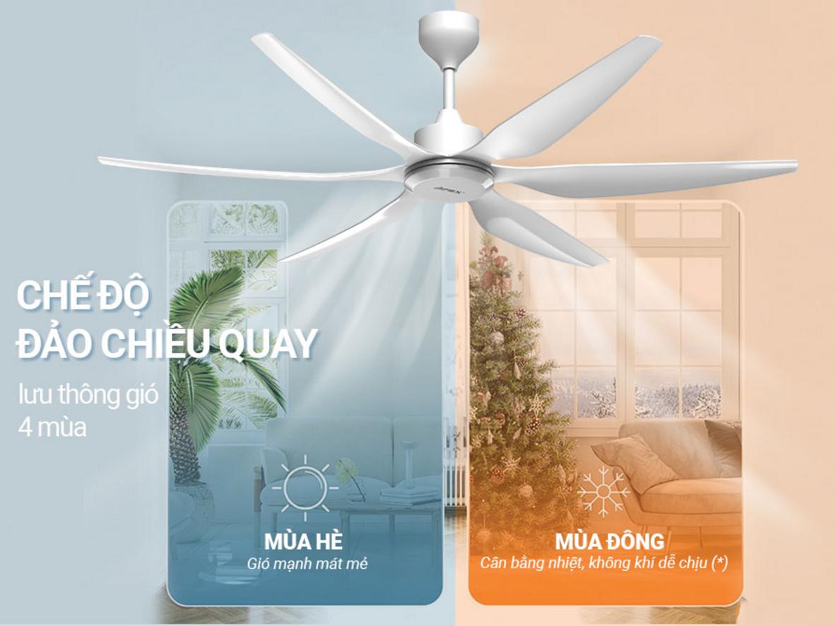 Động cơ DC 57W giúp quạt vận hành êm và tiết kiệm điện hơn khi dùng hằng ngày.