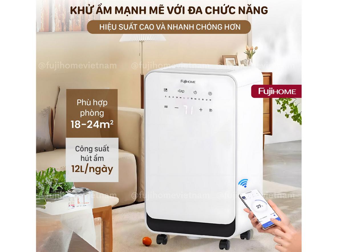 Fujihome DH12NEW có Wi‑Fi, đèn báo độ ẩm 3 màu và vận hành êm 35–39 dB cho phòng nhỏ.