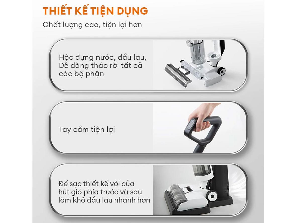 Pin 15.600mAh cho khoảng 30 phút sử dụng, phù hợp dọn nhanh hằng ngày.