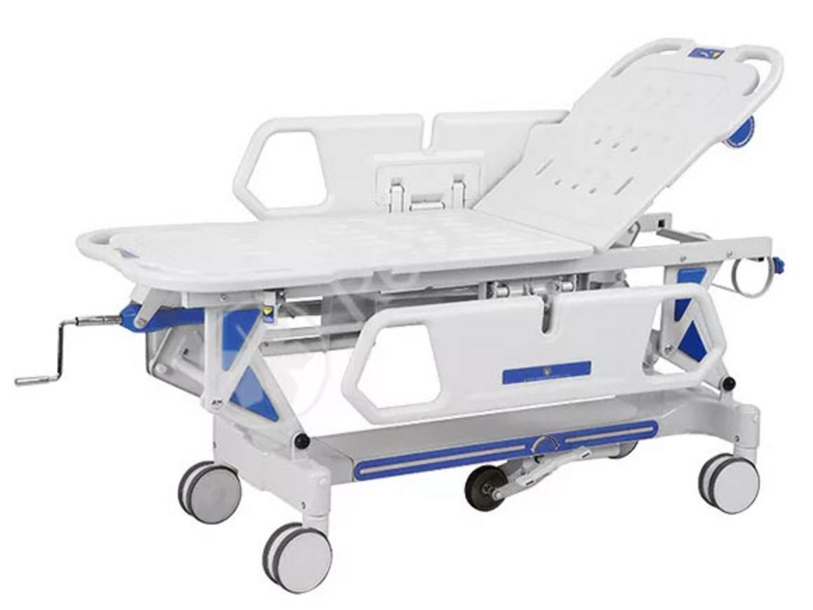 Giường cáng cấp cứu Red Leaf YQC-2R với 4 bánh xe, tải trọng 250 kg và cơ cấu tay quay.