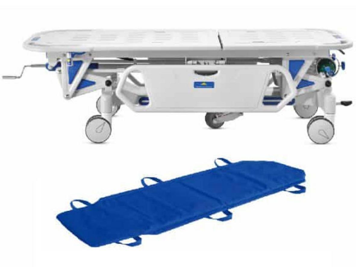 Cấu tạo giường cáng cấp cứu YQC-2R với tay quay nâng hạ và phanh trung tâm.