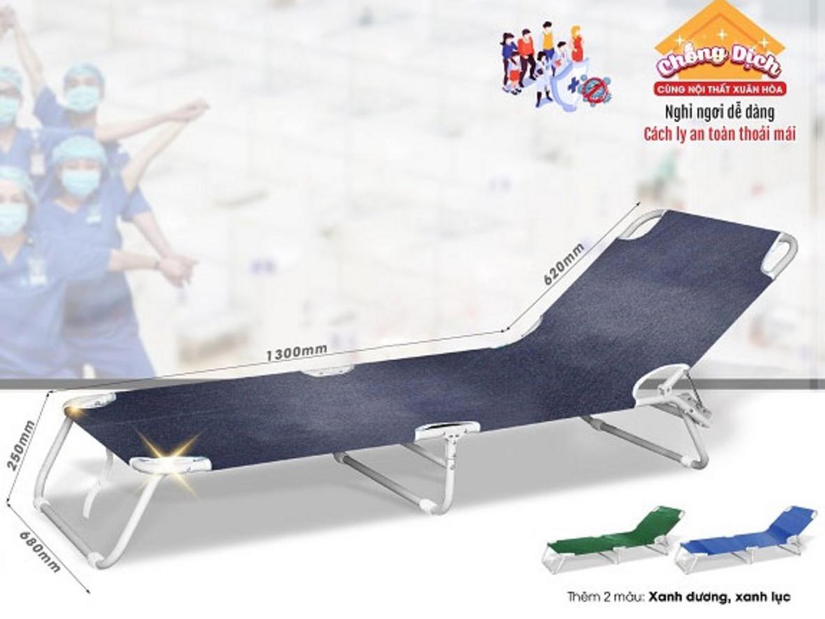 Khung thép sơn tĩnh điện, bạt polyeste và tải trọng 120kg của Giường gấp Xuân Hòa Gi-01-08.