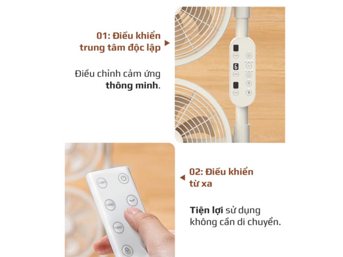 Góc quay 240° và xoay 5D giúp quạt phân tán gió đều hơn trong phòng.