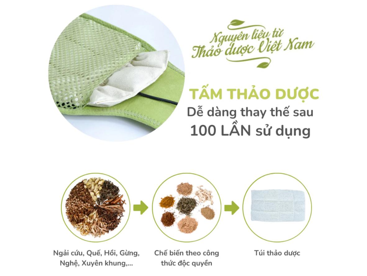 Cấu tạo gối chườm nóng Hapaku với nguồn điện 24V và lõi thảo dược tự nhiên.