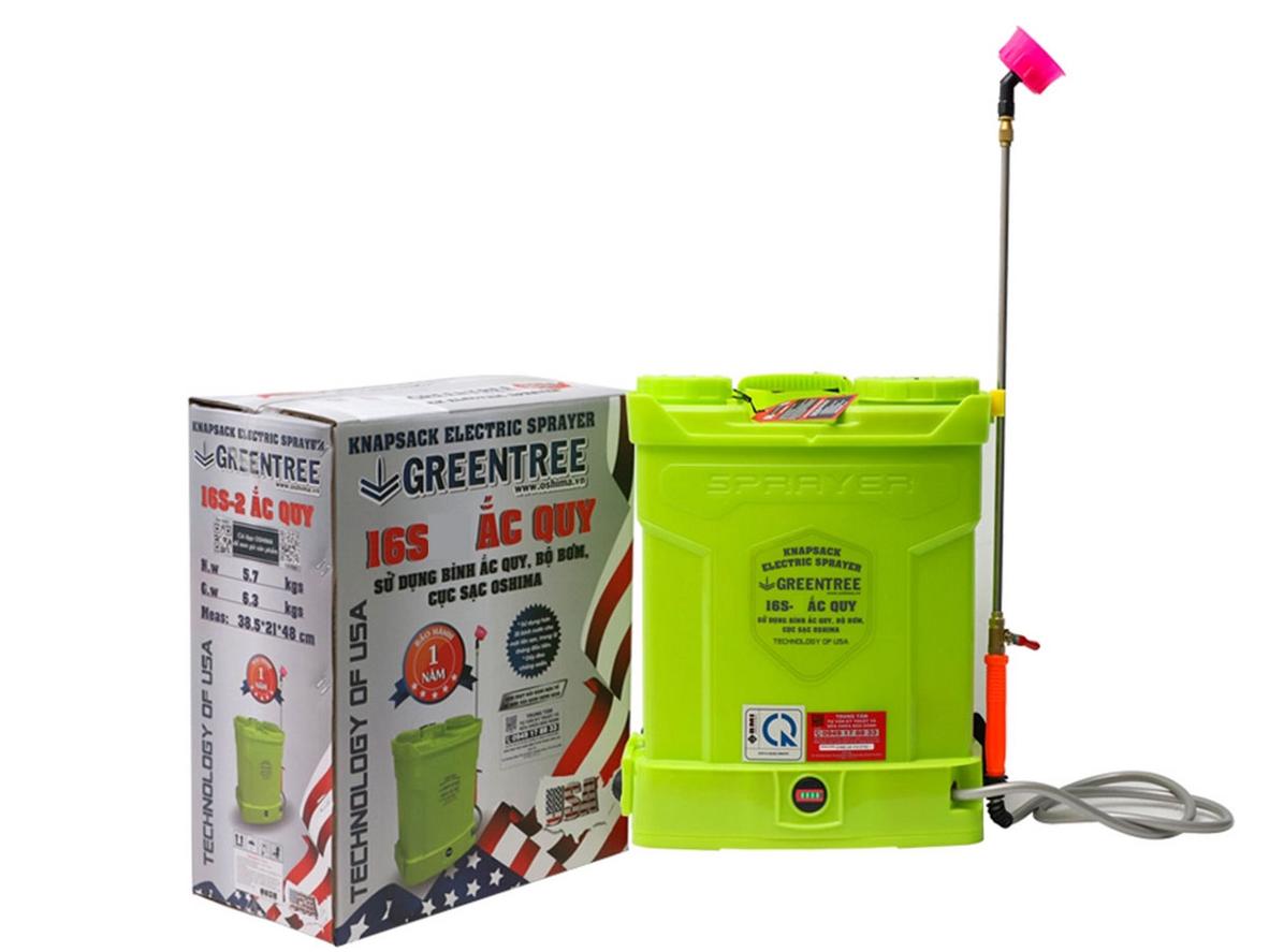 Greentree 16S 16 lít với ắc quy 12V - 8Ah, phù hợp phun đều và giảm sức lao động.