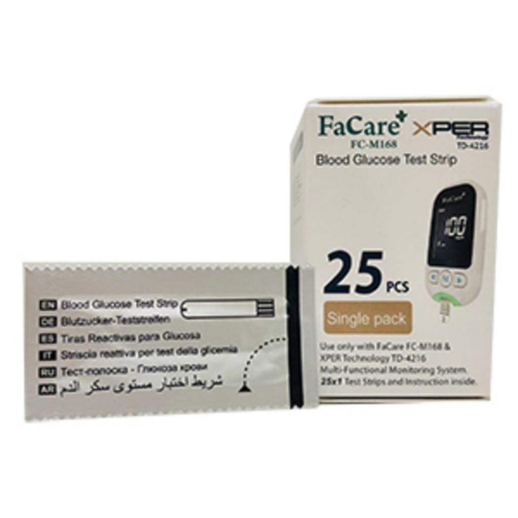 Hộp 25 que thử đường huyết FaCare FC-M168 gồm 25 que và 25 kim, đóng gói riêng từng que.
