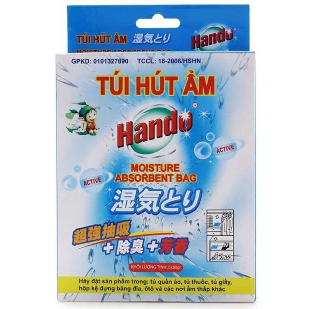 Hộp 5 túi hút ẩm Hando 5 x 50g giúp giữ tủ quần áo và tủ giày khô ráo, sạch mùi.