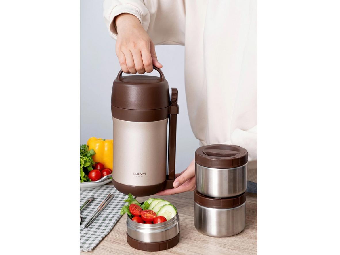 Hộp cơm giữ nhiệt Kaiyo 1600ml inox 304, thiết kế 3 ngăn tiện mang theo.