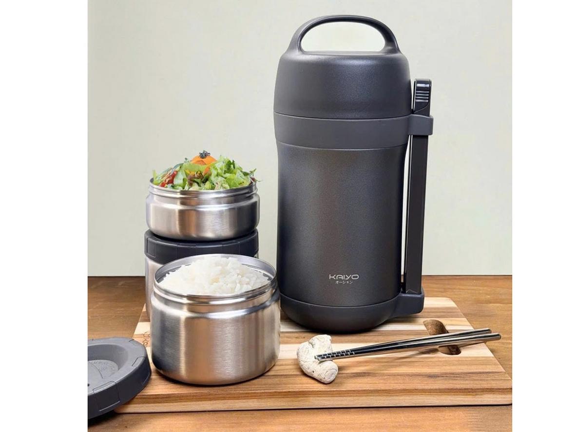 Hộp cơm giữ nhiệt Kaiyo 1600ml inox 304, thiết kế 3 ngăn tiện mang theo.