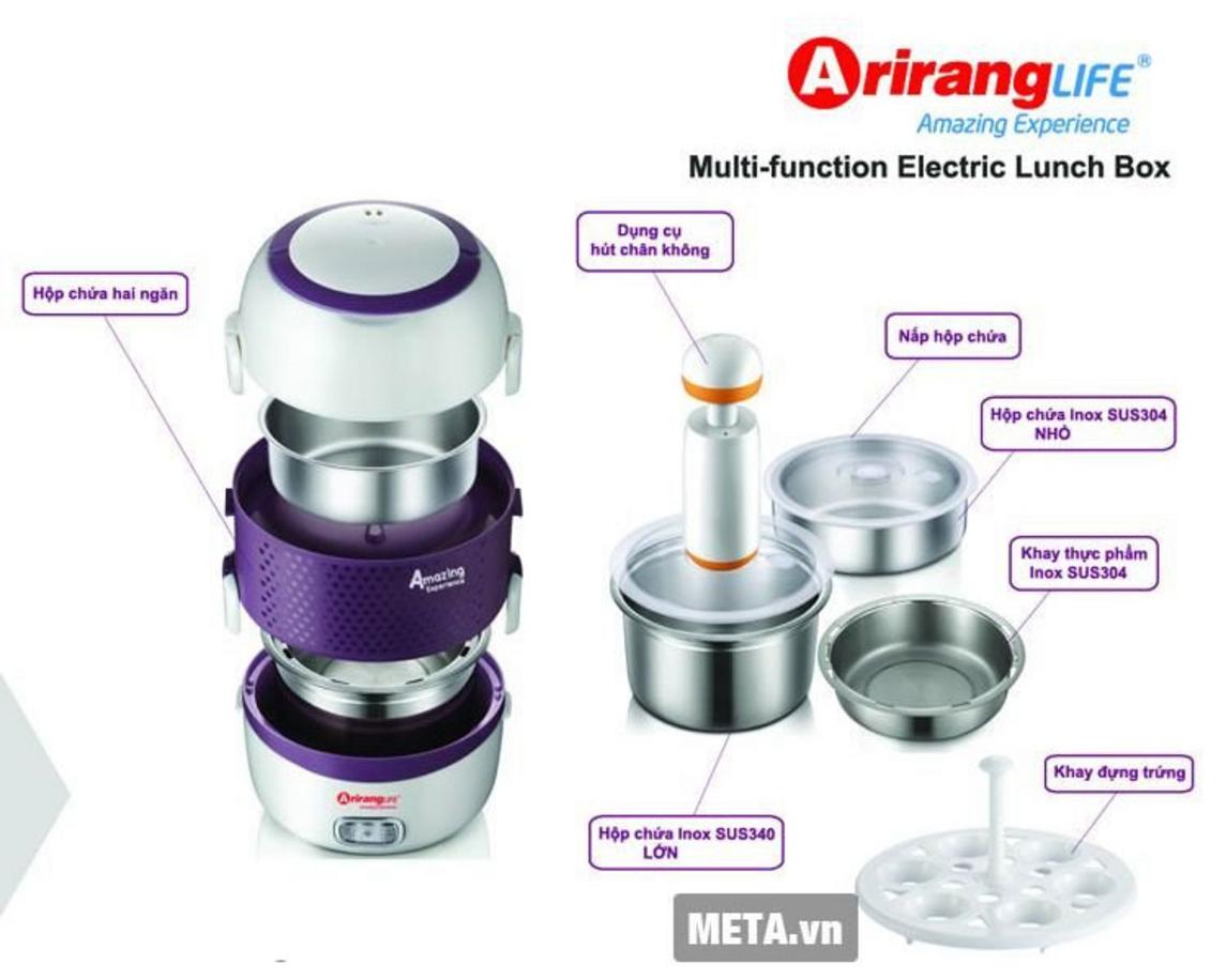 Thiết kế 3 ngăn inox không gỉ giúp chia món rõ ràng và hâm nóng đều.