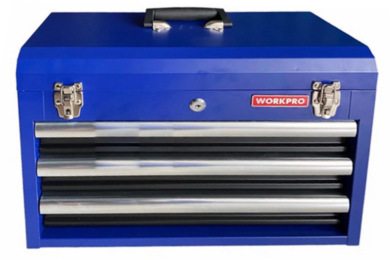 Hộp công cụ 3 ngăn Workpro WP282006 bằng sắt sơn tĩnh điện, gọn bền và dễ mang theo.