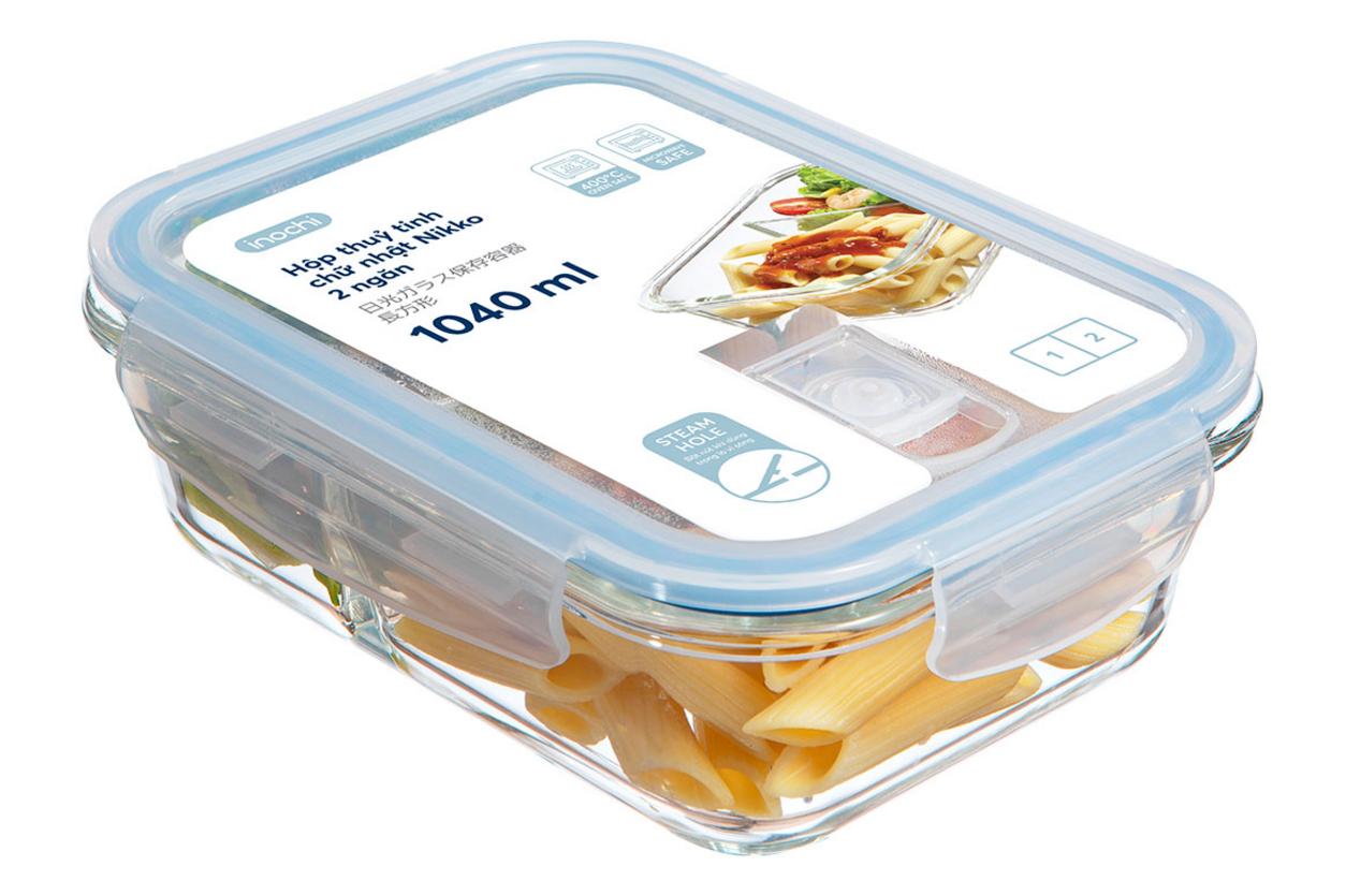 Hộp thủy tinh hình chữ nhật Nikko 1.040ml với nắp viền xanh, phù hợp bảo quản và mang cơm hằng ngày.