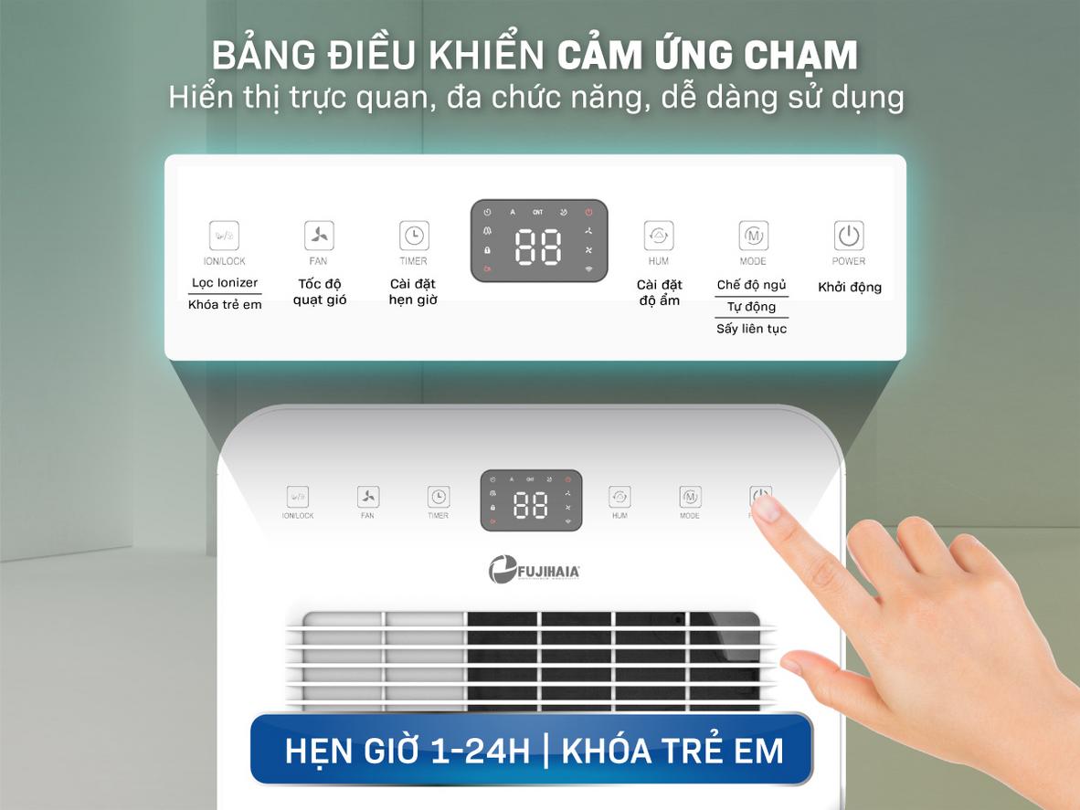 Máy hút ẩm dân dụng Fujihaia DH18CR cho phòng 20–30m², tích hợp lọc không khí và sấy giày.