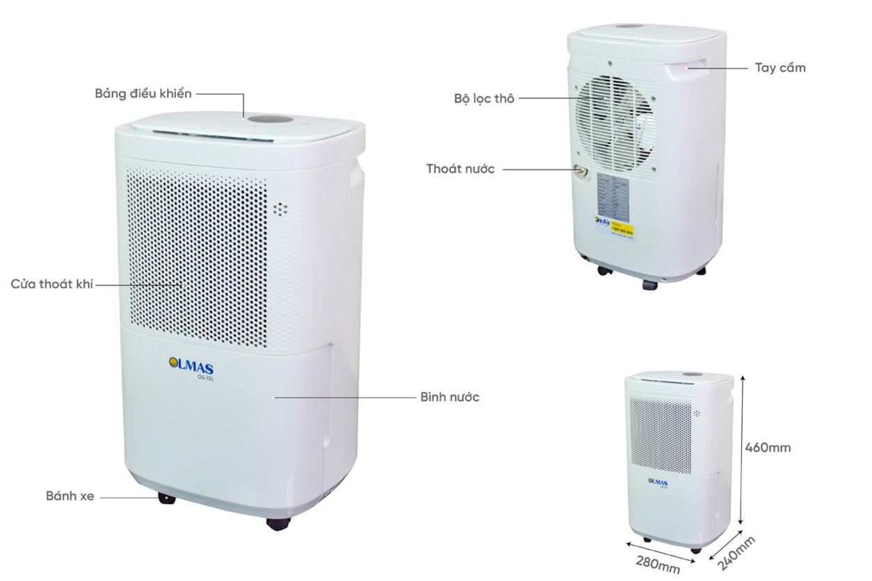Thông số 12 lít/ngày, 210W và lưu lượng gió 80 m³/h giúp Olmas OS-12L cân bằng hiệu năng với điện năng.