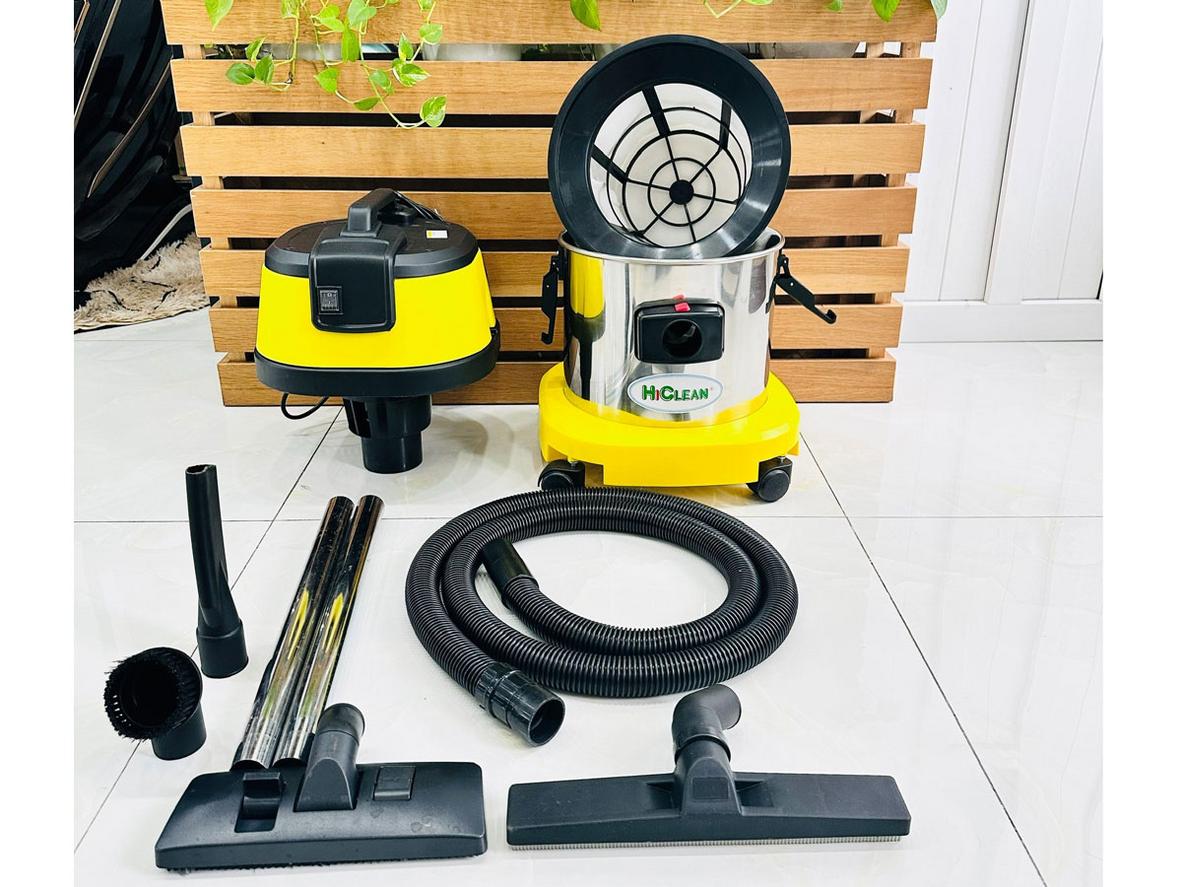 Chi tiết HiClean HC15A: motor dây đồng, thùng inox 15L, dây điện 7m và bộ phụ kiện hút khô/hút nước.